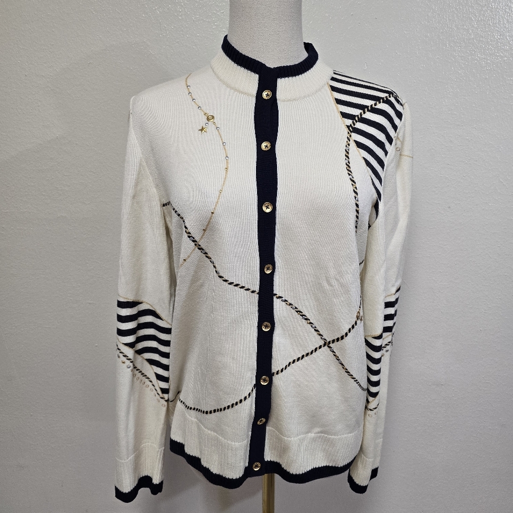 St. John Sport Nautical Cream & Navy Wool Cardigan Sweater Size Small